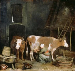 A Maid Milking a Cow in a Barn